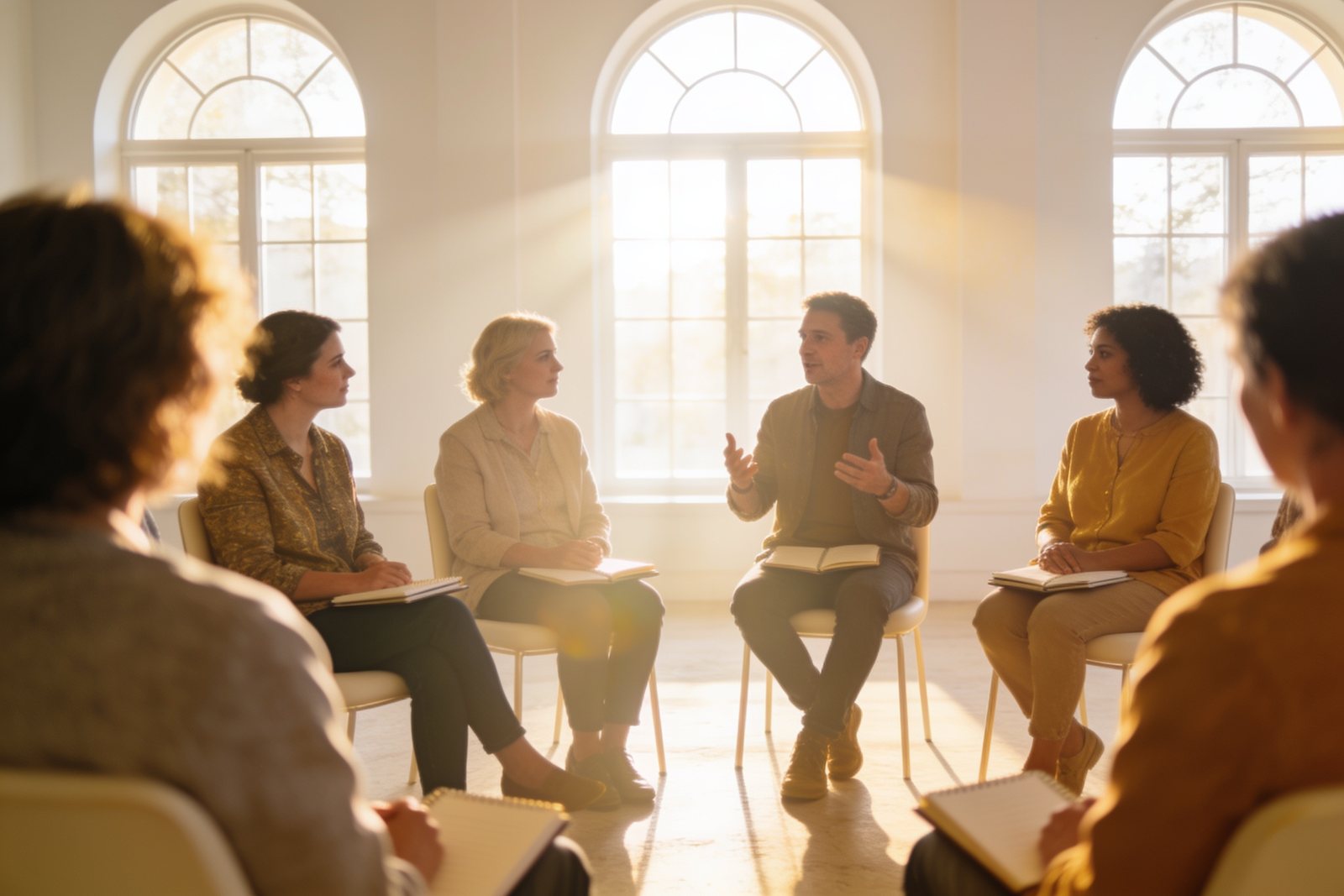 A small group meeting in a bright sunlit room
