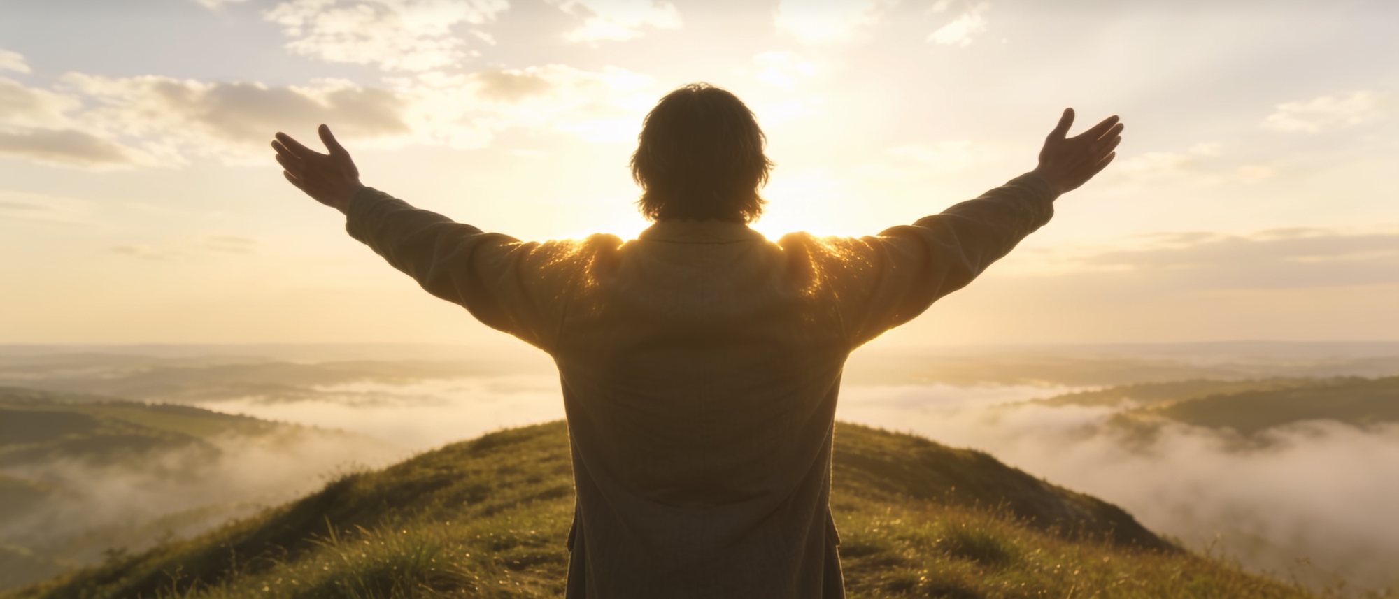 A person on a hilltop at sunrise with arms open